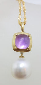 9ct Yellow Gold Round Cabochon Cut Amethyst in Square Setting with South Sea Pearl Pendant on Gold Chain