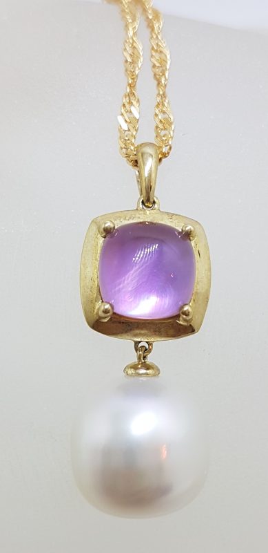 9ct Yellow Gold Round Cabochon Cut Amethyst in Square Setting with South Sea Pearl Pendant on Gold Chain