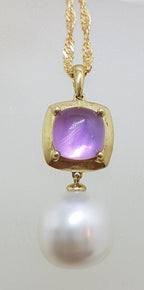 9ct Yellow Gold Round Cabochon Cut Amethyst in Square Setting with South Sea Pearl Pendant on Gold Chain