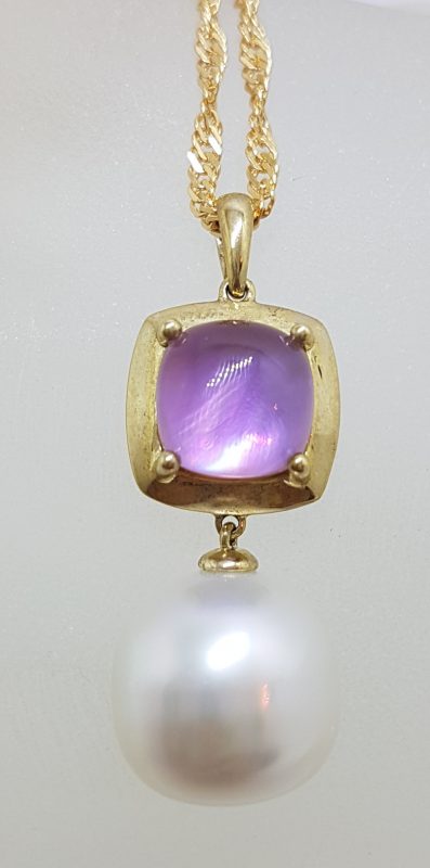 9ct Yellow Gold Round Cabochon Cut Amethyst in Square Setting with South Sea Pearl Pendant on Gold Chain
