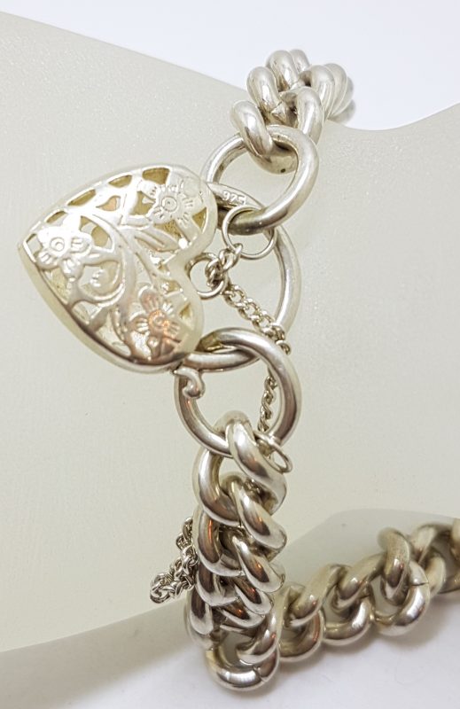 Sterling Silver Heavy Curb Link Filigree Padlock Bracelet