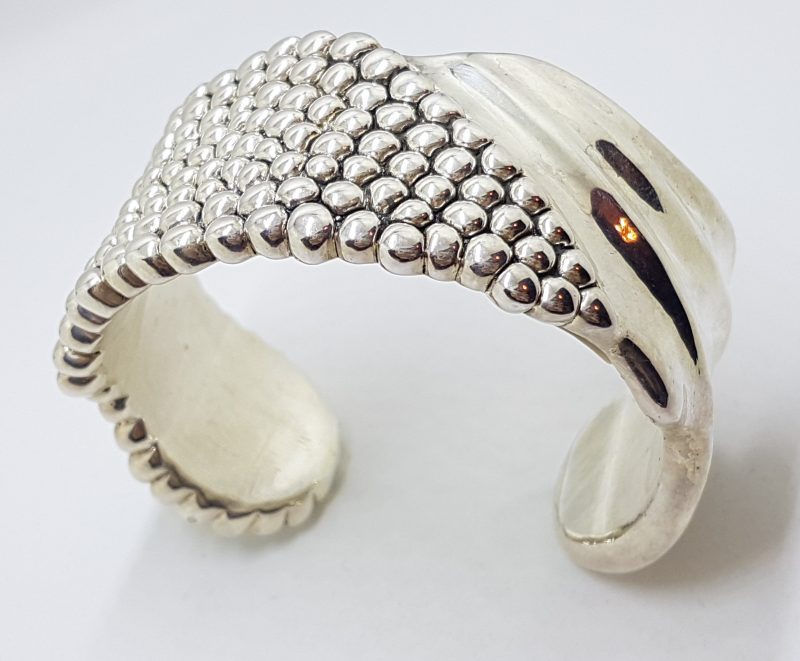 Sterling Silver Wide Patterned Chunky Cuff Bangle - Hollow