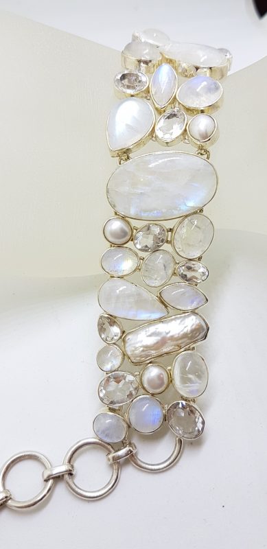 Sterling Silver Large / Wide Moonstone, Pearl, Clear Crystal Quartz Chunky Cluster Bracelet