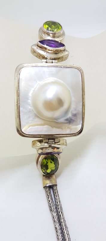 Sterling Silver Square Mabe Pearl, Peridot and Amethyst Bracelet