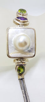 Sterling Silver Square Mabe Pearl, Peridot and Amethyst Bracelet