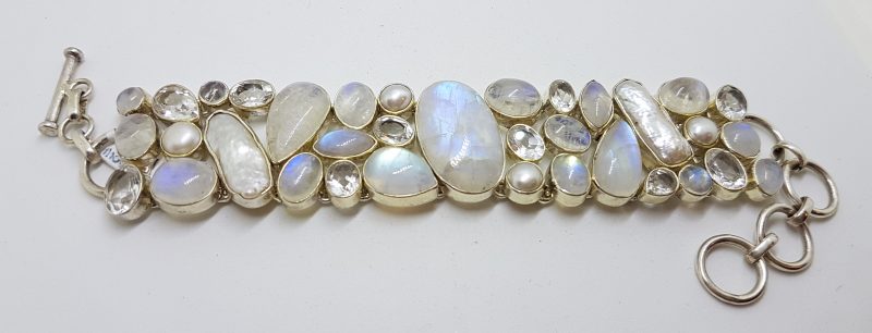 Sterling Silver Large / Wide Moonstone, Pearl, Clear Crystal Quartz Chunky Cluster Bracelet