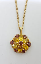 9ct Yellow Gold Garnet &amp; Citrine Flower Cluster Pendant on Gold Chain