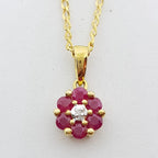 9ct Yellow Gold Natural Ruby &amp; Diamond Daisy Flower Cluster Pendant on Gold Chain