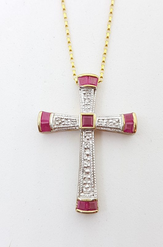 9ct Yellow Gold Natural Ruby &amp; Diamond Cross / Crucifix Pendant on Gold Chain