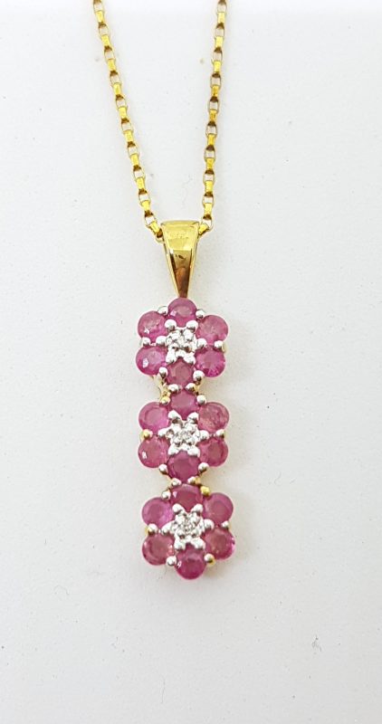 9ct Yellow Gold Natural Ruby &amp; Diamond Long Three Daisy Flower Cluster Pendant on Gold Chain