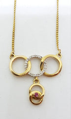 9ct Yellow Gold Natural Ruby & Diamond Hoops / Circles / Rings Necklace