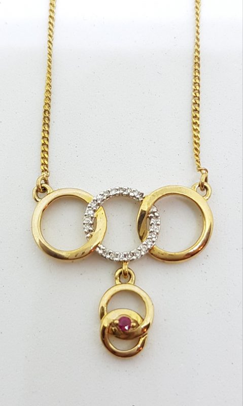 9ct Yellow Gold Natural Ruby & Diamond Hoops / Circles / Rings Necklace
