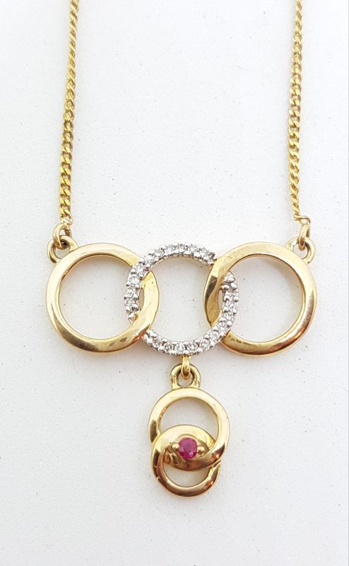 9ct Yellow Gold Natural Ruby & Diamond Hoops / Circles / Rings Necklace