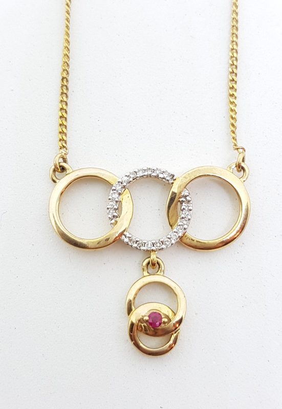 9ct Yellow Gold Natural Ruby & Diamond Hoops / Circles / Rings Necklace