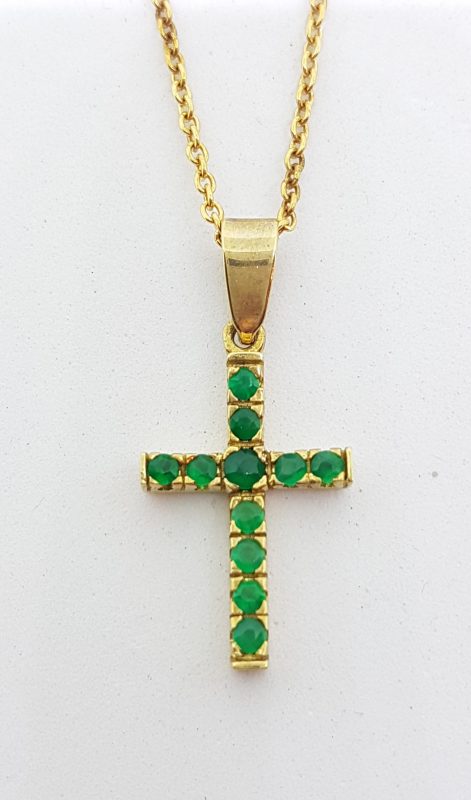 9ct Yellow Gold Natural Emerald Cross / Crucifix Pendant on Gold Chain