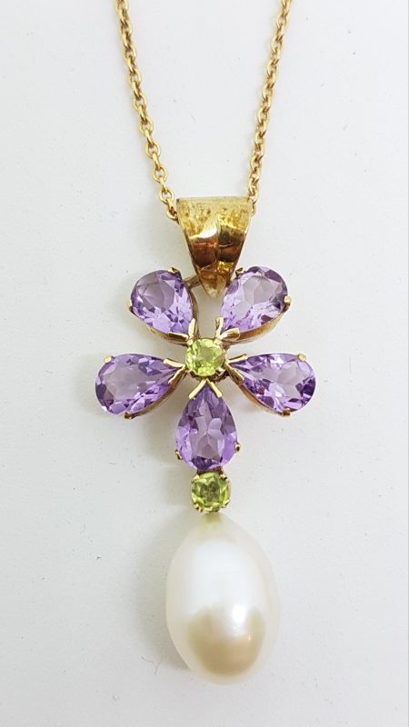 9ct Yellow Gold Pearl, Amethyst &amp; Peridot Large Flower Pendant on Gold Chain