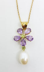 9ct Yellow Gold Pearl, Amethyst &amp; Peridot Large Flower Pendant on Gold Chain