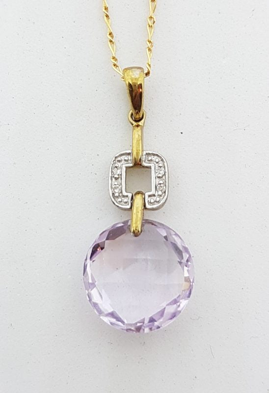 9ct Yellow Gold Round Amethyst &amp; Diamond Pendant on Gold Chain