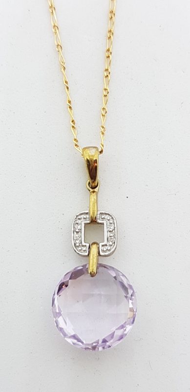 9ct Yellow Gold Round Amethyst &amp; Diamond Pendant on Gold Chain