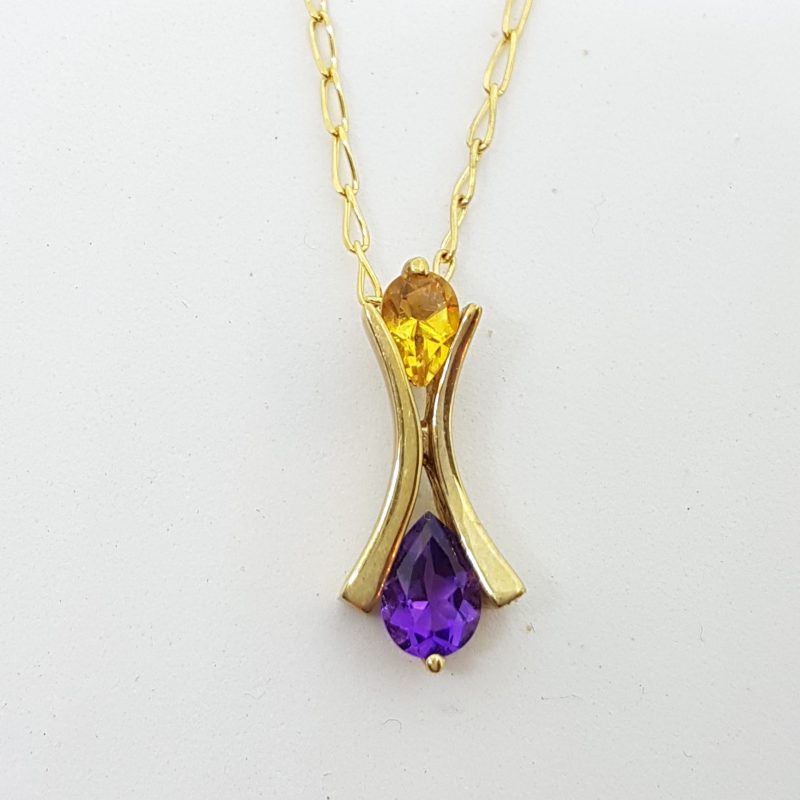 9ct Yellow Gold Amethyst &amp; Citrine Pendant on Gold Chain