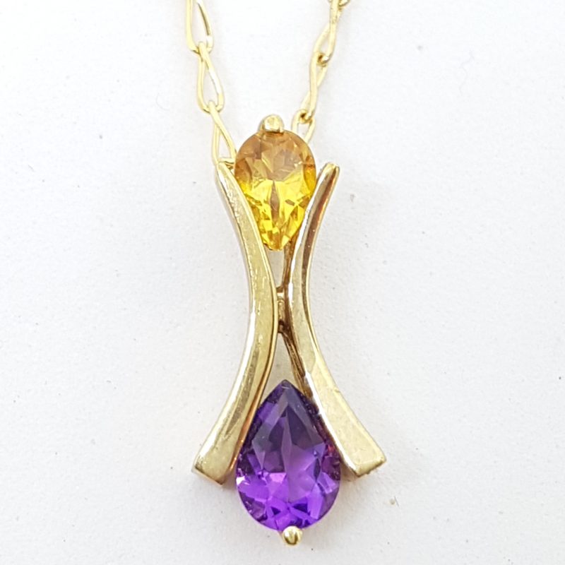 9ct Yellow Gold Amethyst &amp; Citrine Pendant on Gold Chain