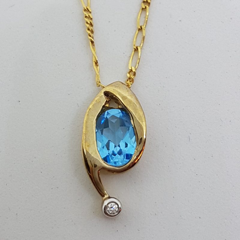 9ct Yellow Gold Oval Topaz &amp; Diamond Curved Pendant on Gold Chain