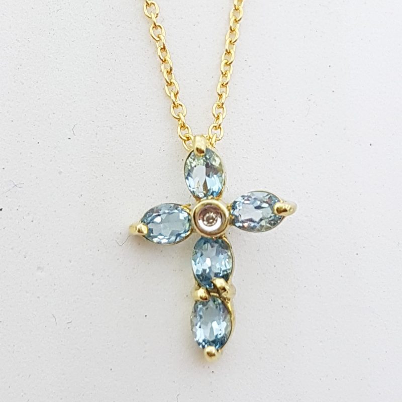9ct Yellow Gold Topaz &amp; Diamond Dainty Cross / Crucifix Pendant on Gold Chain