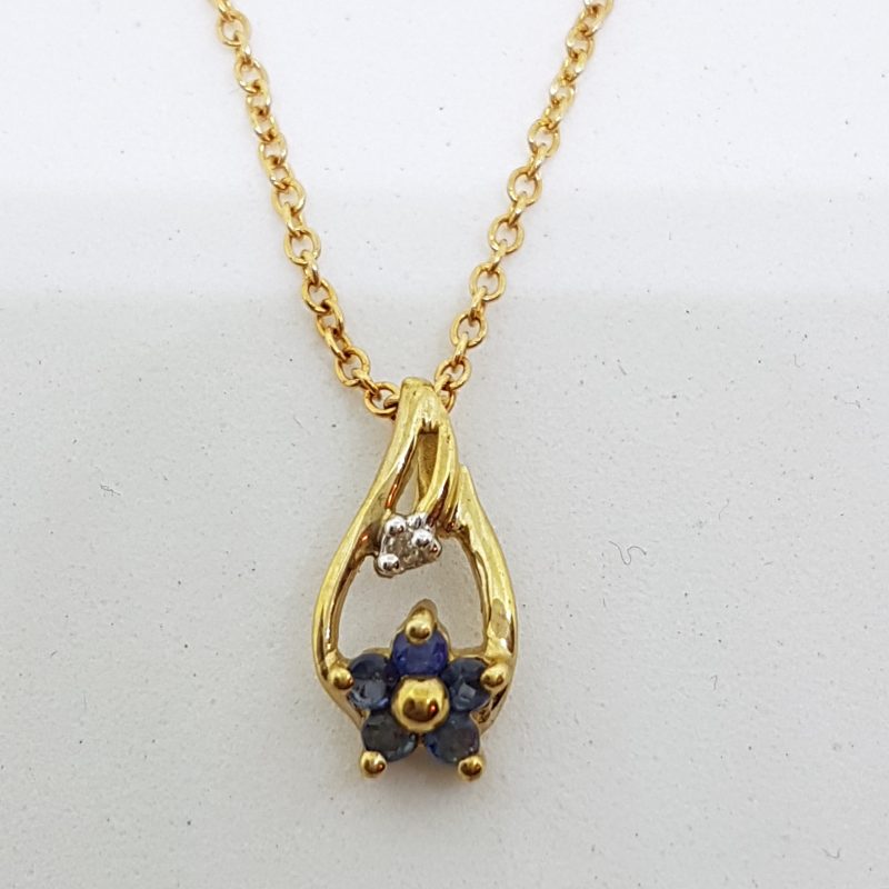 9ct Yellow Gold Sapphire &amp; Diamond Dainty Flower Pendant on Gold Chain