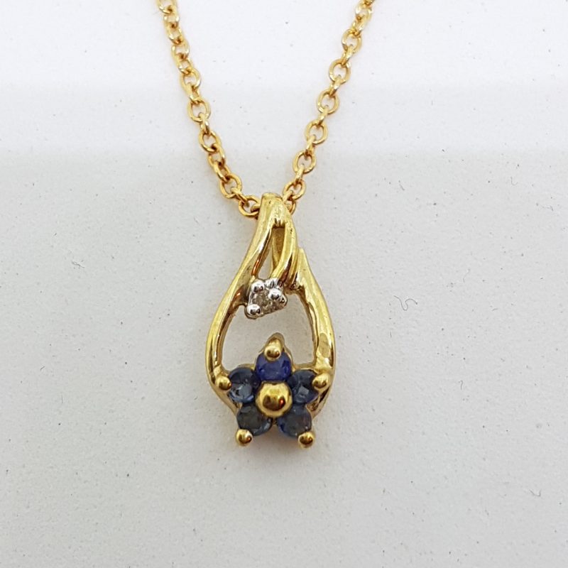 9ct Yellow Gold Sapphire &amp; Diamond Dainty Flower Pendant on Gold Chain