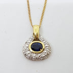 9ct Yellow Gold Natural Sapphire &amp; Diamond Oval Cluster Pendant on Gold Chain