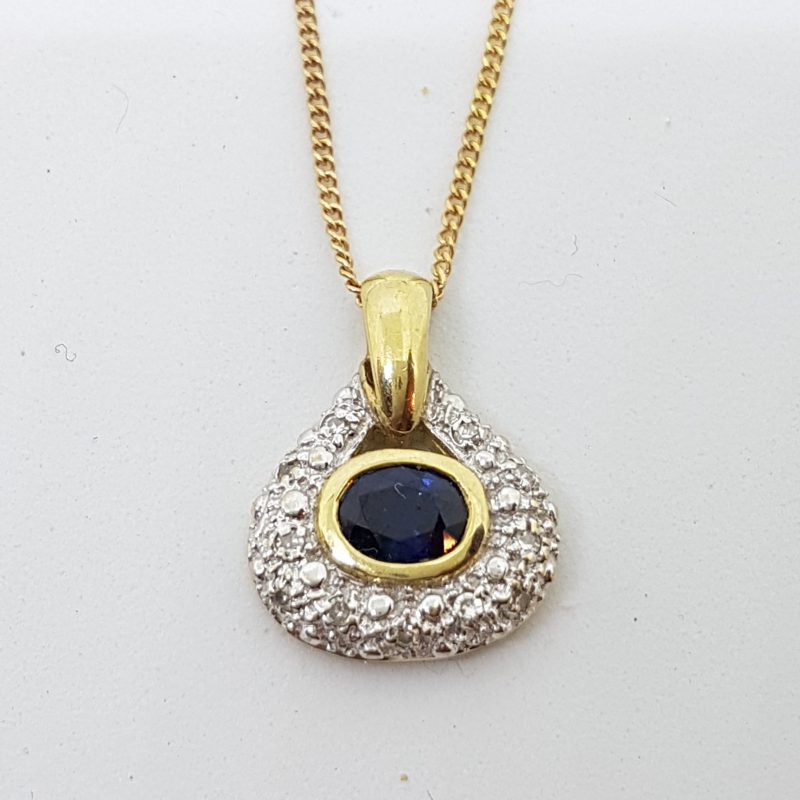 9ct Yellow Gold Natural Sapphire &amp; Diamond Oval Cluster Pendant on Gold Chain