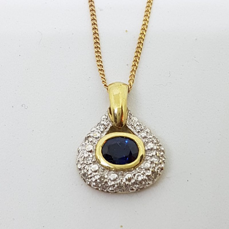 9ct Yellow Gold Natural Sapphire &amp; Diamond Oval Cluster Pendant on Gold Chain