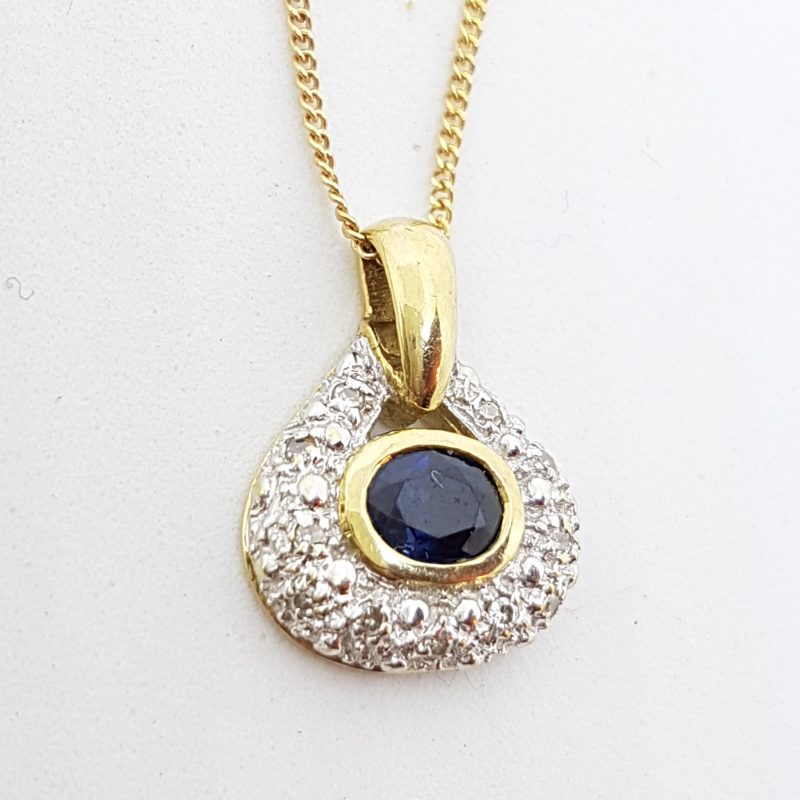 9ct Yellow Gold Natural Sapphire &amp; Diamond Oval Cluster Pendant on Gold Chain