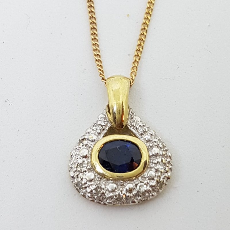 9ct Yellow Gold Natural Sapphire &amp; Diamond Oval Cluster Pendant on Gold Chain