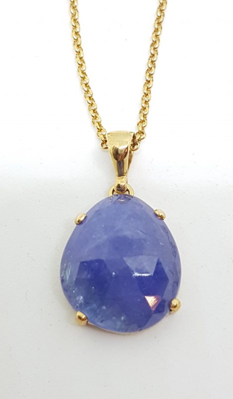 9ct Yellow Gold Large Natural Teardrop / Pear Shape Tanzanite Pendant on Gold Chain