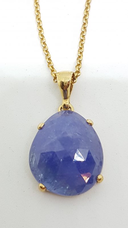 9ct Yellow Gold Large Natural Teardrop / Pear Shape Tanzanite Pendant on Gold Chain