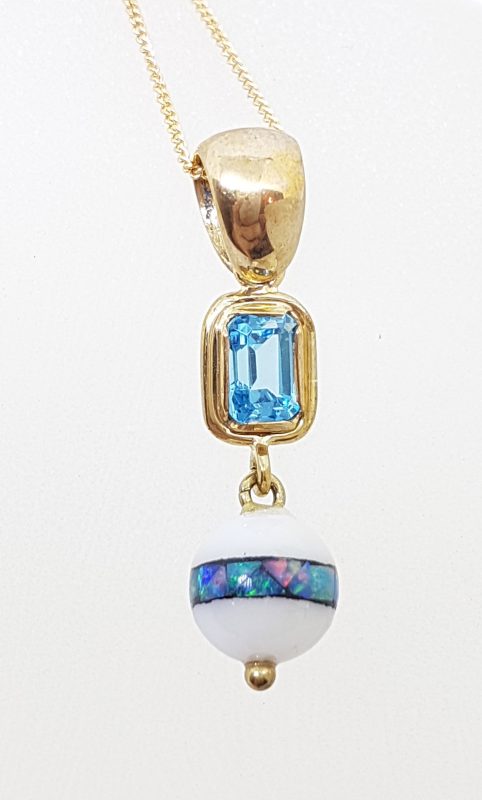 9ct Yellow Gold Opal, Agate and Topaz Handmade Drop Pendant on Gold Chain