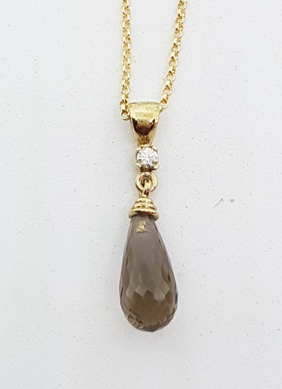9ct Yellow Gold Smokey Quartz &amp; Diamond Teardrop Shape Pendant on Gold Chain