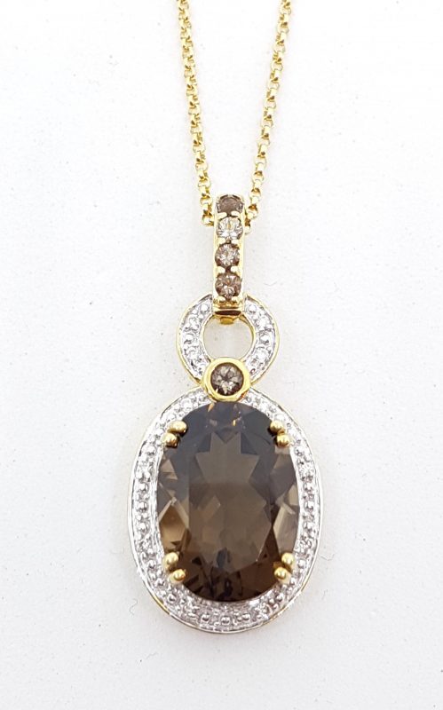 9ct Yellow Gold Smokey Quartz &amp; Diamond Oval Pendant on Gold Chain