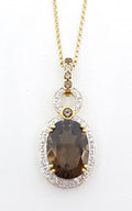 9ct Yellow Gold Smokey Quartz &amp; Diamond Oval Pendant on Gold Chain