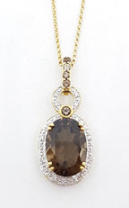 9ct Yellow Gold Smokey Quartz &amp; Diamond Oval Pendant on Gold Chain