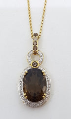 9ct Yellow Gold Smokey Quartz &amp; Diamond Oval Pendant on Gold Chain