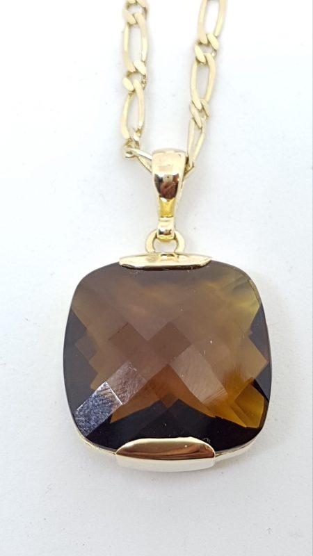 9ct Yellow Gold Cognac Quartz Square Cushion Cut Pendant on Gold Chain