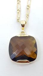 9ct Yellow Gold Cognac Quartz Square Cushion Cut Pendant on Gold Chain