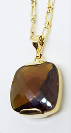9ct Yellow Gold Cognac Quartz Square Cushion Cut Pendant on Gold Chain