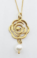 9ct Yellow Gold Pearl Long Rose / Flower Pendant on 9ct Gold Chain