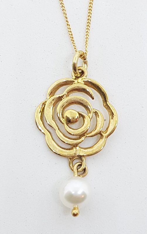 9ct Yellow Gold Pearl Long Rose / Flower Pendant on 9ct Gold Chain