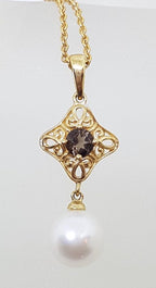 9ct Yellow Gold Pearl &amp; Smokey Quartz Ornate Filigree Pendant on Gold Chain