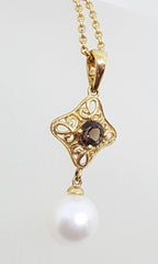 9ct Yellow Gold Pearl &amp; Smokey Quartz Ornate Filigree Pendant on Gold Chain
