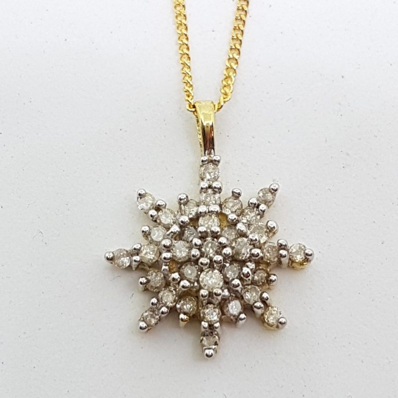 10ct Yellow Gold Diamond Star Cluster Pendant on 9ct Gold Chain
